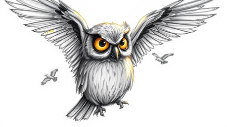 A heartwarming, hand-drawn Pixar-inspired sketch depicts a blind owl patiently teaching other birds how to fly. Bathed in a w