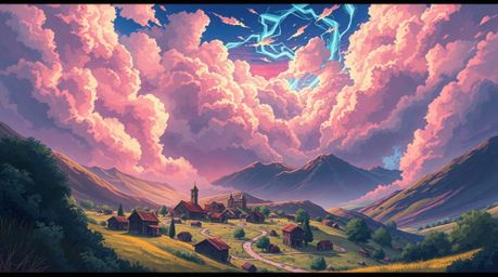 This artwork presents a vibrant Isekai anime-style illustration of a cozy village nestled in a valley, all under a bright, co