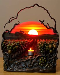 A cast bronze sculpture depicting a sunset over a vineyard, beautifully illuminated by warm candlelight. This exquisite piece