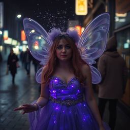 Discover captivating candid street photographs of a fairy godmother magically appearing in a swirl of sparkles amidst urban s