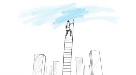 A hand-drawn sketch depicts a businessperson ascending a transparent ladder into a vibrant blue sky above towering skyscraper