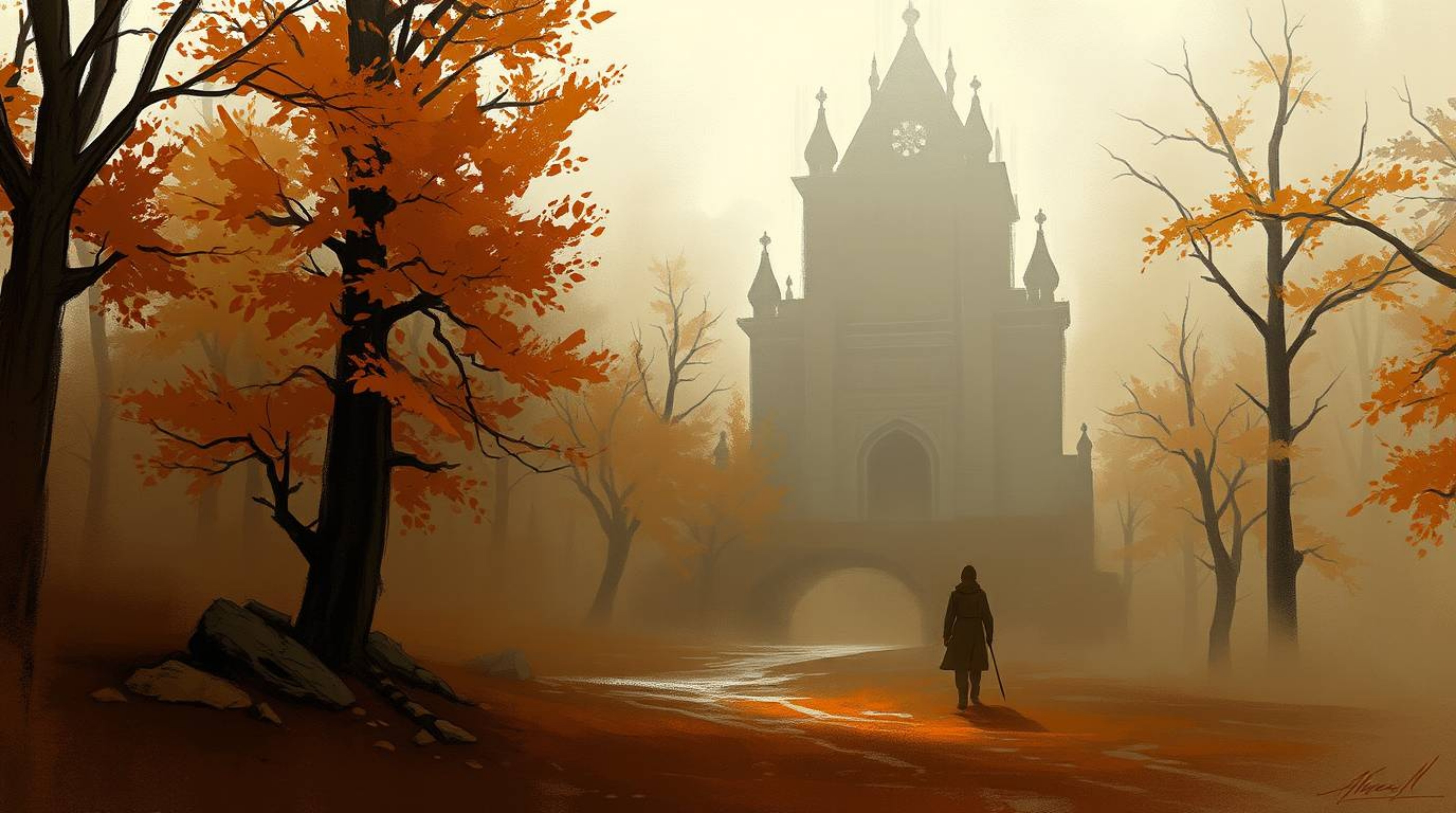This collection showcases digital sketches with loose, painterly strokes, capturing warm autumn colors and a misty atmospheri