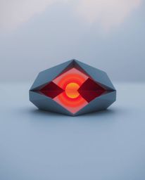 A soft cinematic image of intricate origami depicting a sunset reflected in a glassy fjord. This piece captures a unique fold