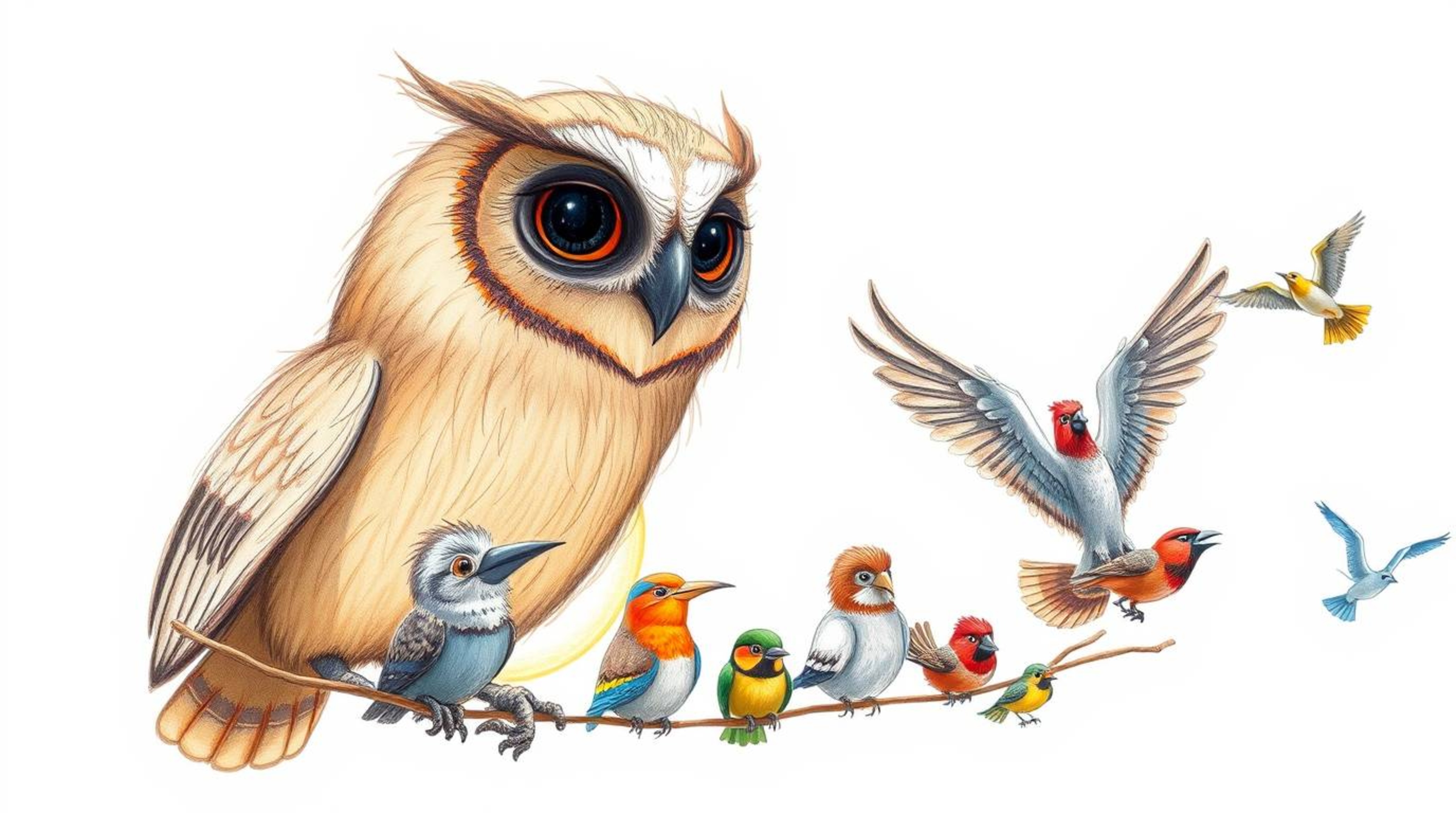 A heartwarming hand-drawn sketch in the style of Pixar depicts a gentle, blind brown owl with soft feathers leading a diverse