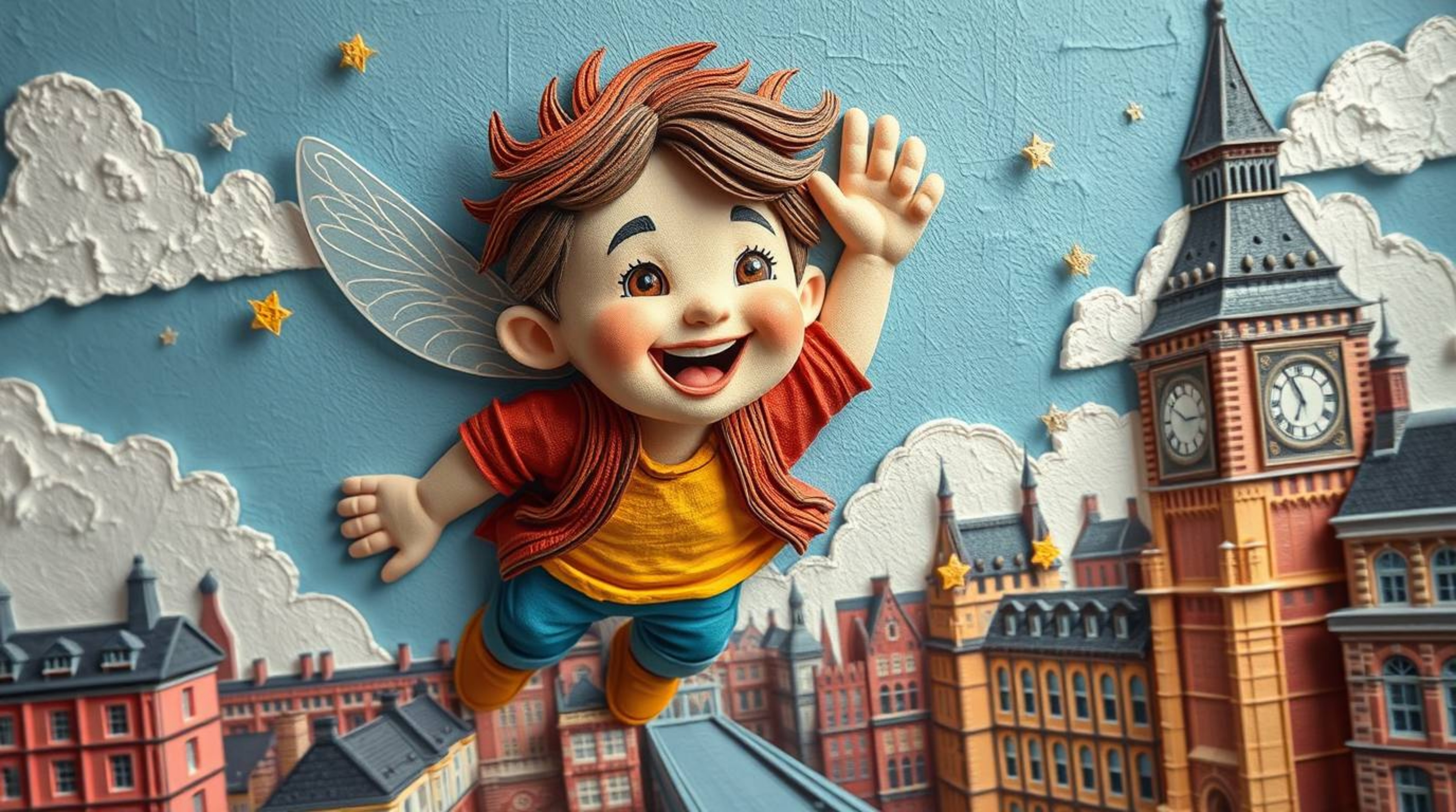 This vibrant and energetic papier-mâché artwork depicts a young boy with lively features soaring above London, propelled by p