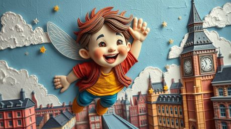 This vibrant and energetic papier-mâché artwork depicts a young boy with lively features soaring above London, propelled by p
