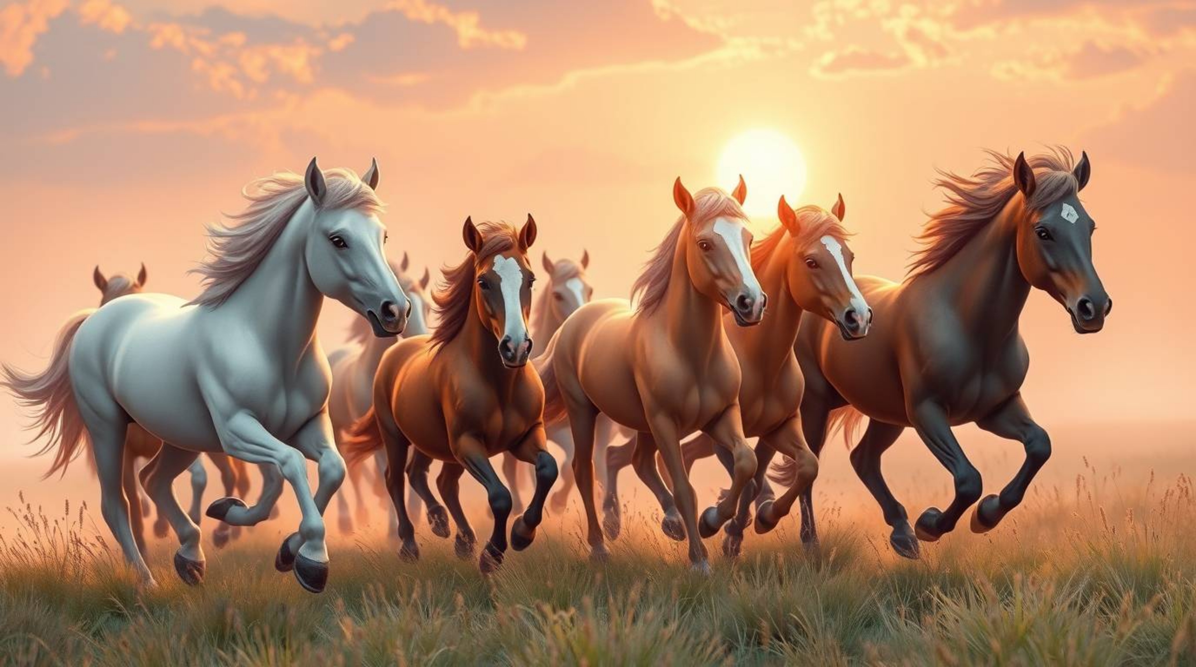 A captivating image showcases a charming herd of wild horses galloping freely under a breathtaking, glowing sky.  Rendered in
