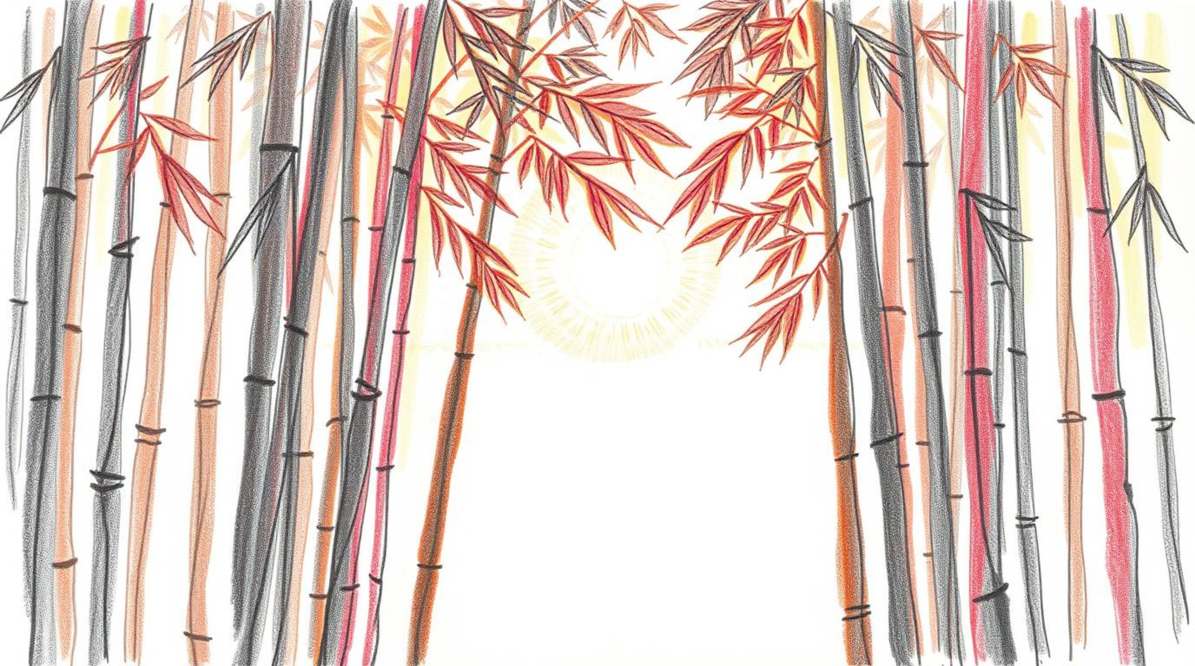 This captivating hand-drawn sketch depicts a bamboo forest illuminated by the warm hues of a setting sun.  The artwork showca