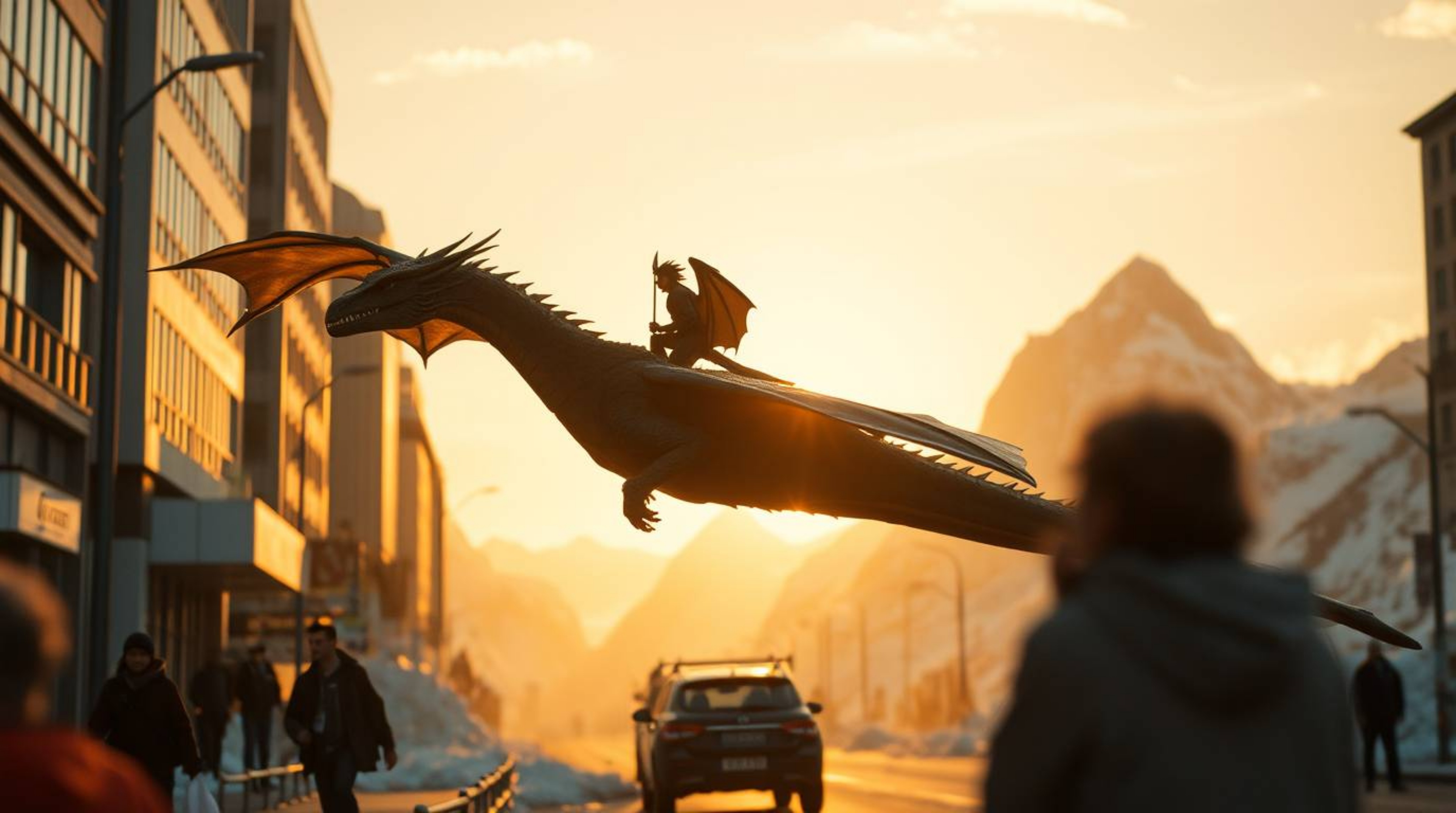 Candid street photography captures a spontaneous moment of a dragon and rider soaring above icy mountains, bathed in the warm