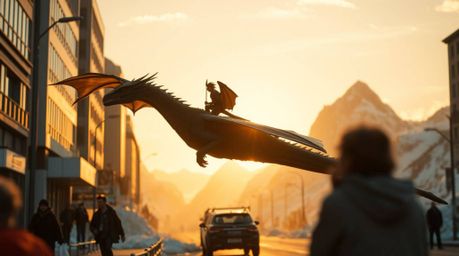 Candid street photography captures a spontaneous moment of a dragon and rider soaring above icy mountains, bathed in the warm