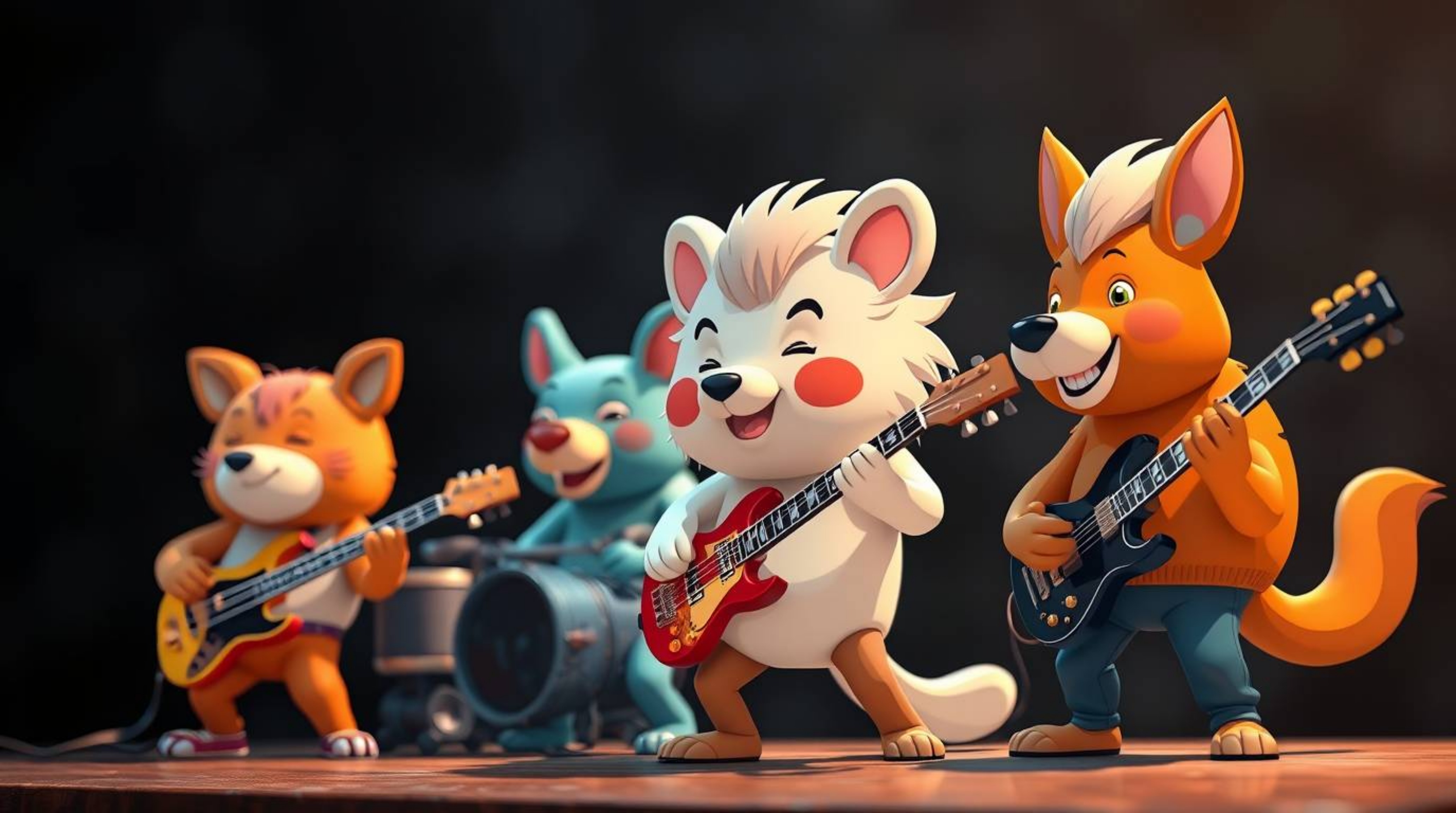 A captivating image of a cartoon animal rock band performing, sharply in focus against a dramatically blurred, jet-black back