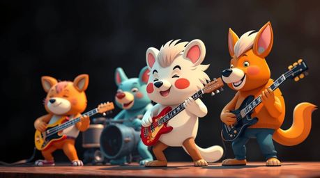 A captivating image of a cartoon animal rock band performing, sharply in focus against a dramatically blurred, jet-black back