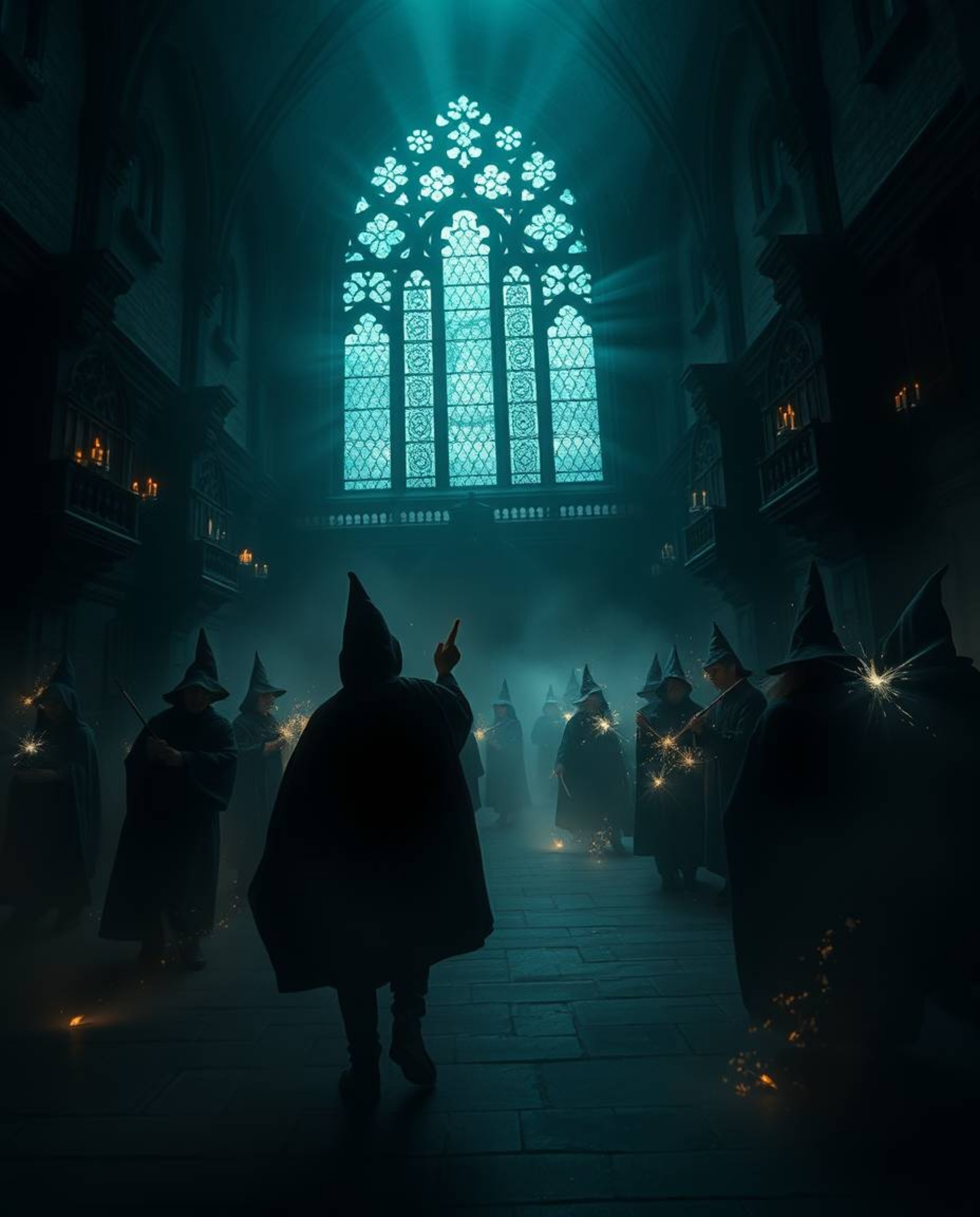 An intense jet-black image capturing a magical school teeming with young wizards, creating an ethereal and spiritual vibe. Th