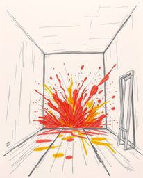 A hand-drawn sketch depicting a room exploding with paint under warm, intense, and dramatic lighting. The artwork features ro