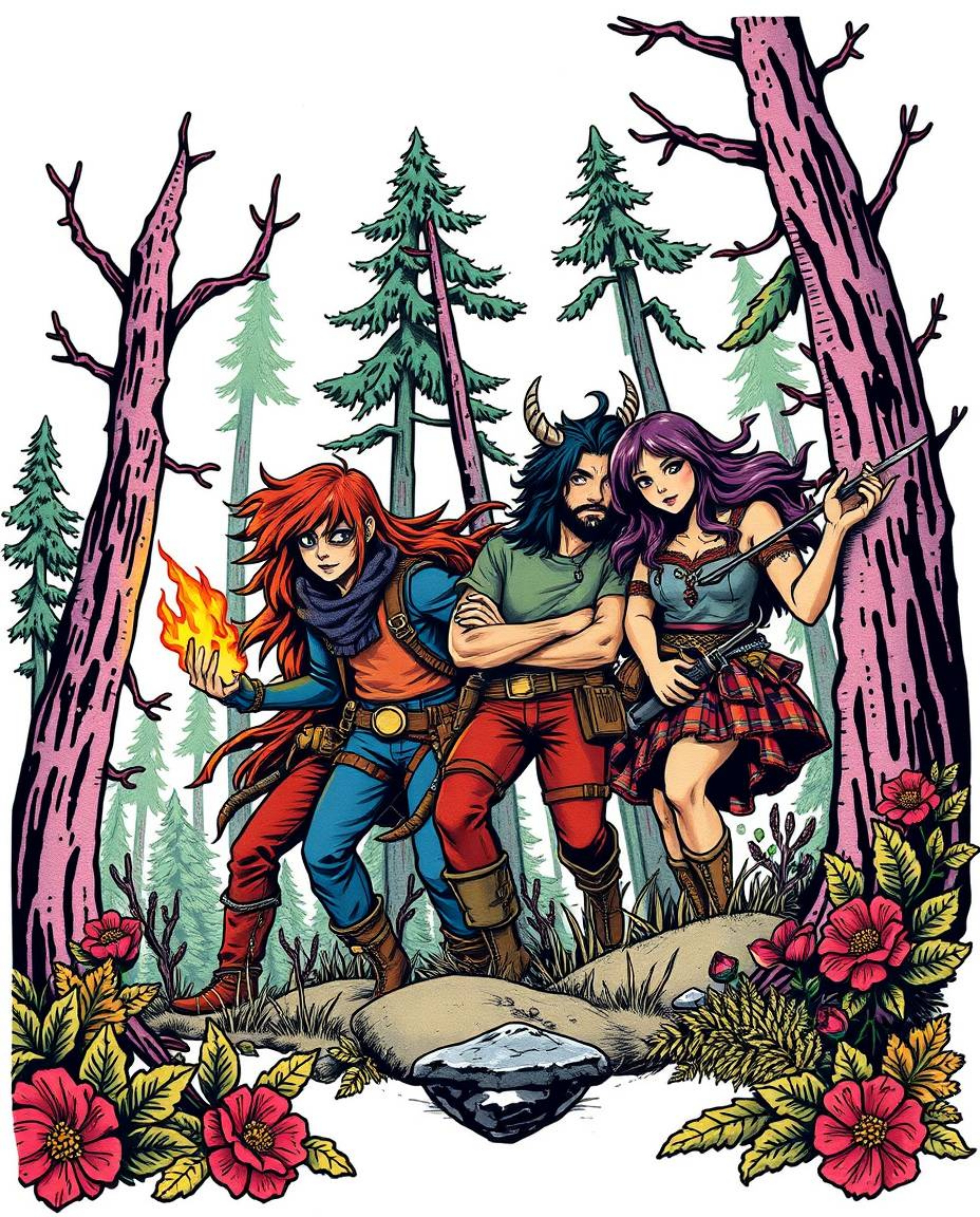 This traditional tattoo-style art print features an extreme close-up of a group of friends with unique powers exploring a vib