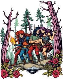 This traditional tattoo-style art print features an extreme close-up of a group of friends with unique powers exploring a vib