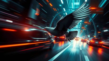 Immerse yourself in a futuristic realm with this captivating sci-fi digital art piece. Witness a fast-running bird zoom past 