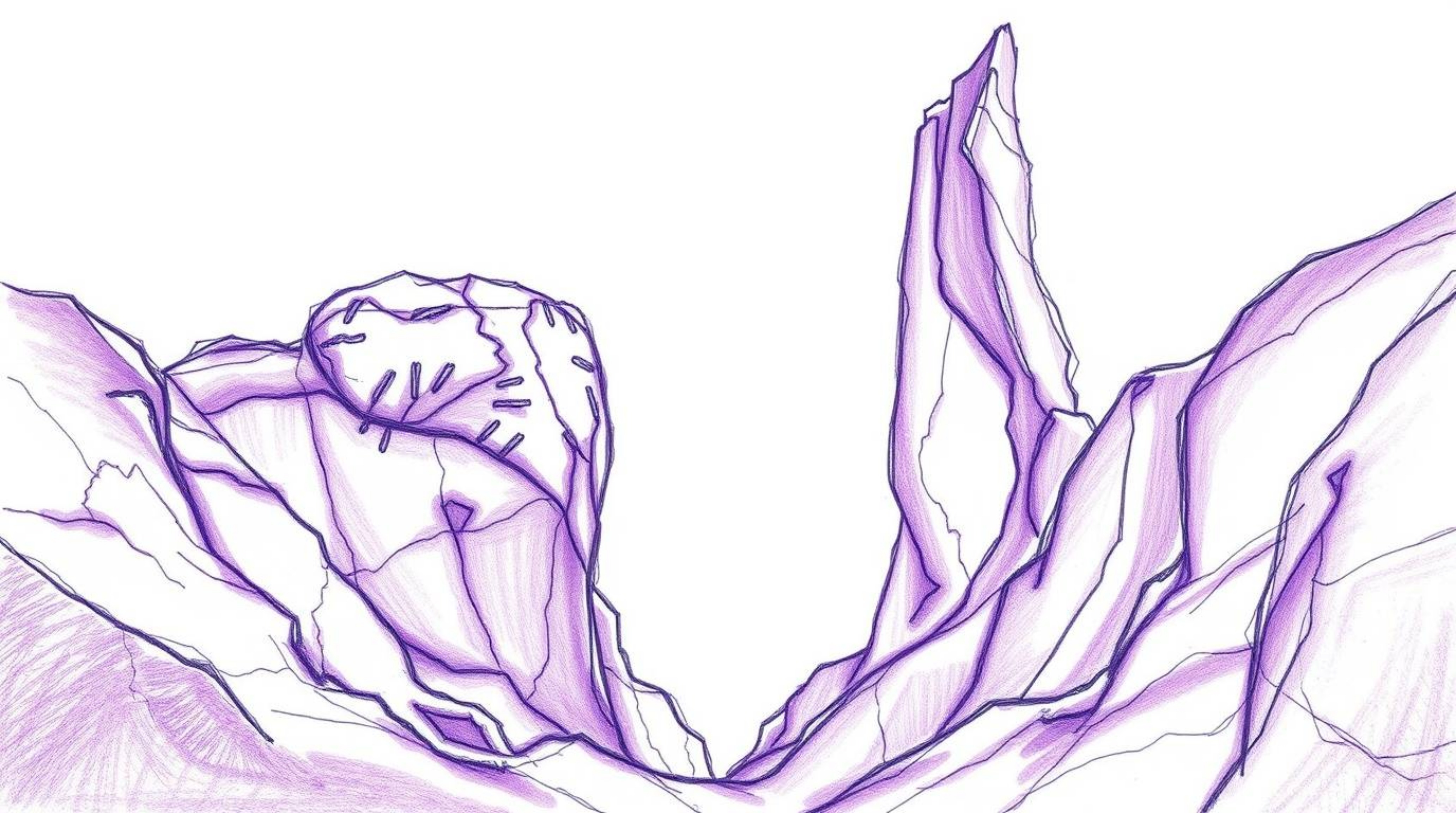 A captivating hand-drawn sketch depicts a rocky canyon.  One version showcases deep ultraviolet hues with rough pencil stroke