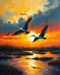 A bold acrylic painting depicts herons flying during the golden hour in wetlands, characterized by intense dramatic lighting 