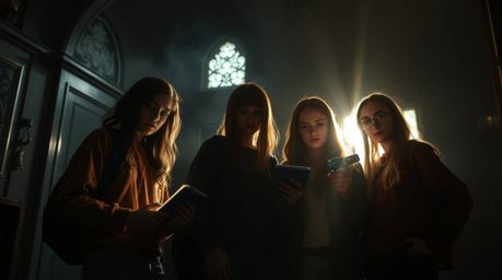 A captivating image depicts a group of teenagers unraveling a chilling mystery within the walls of a haunted mansion.  The sc