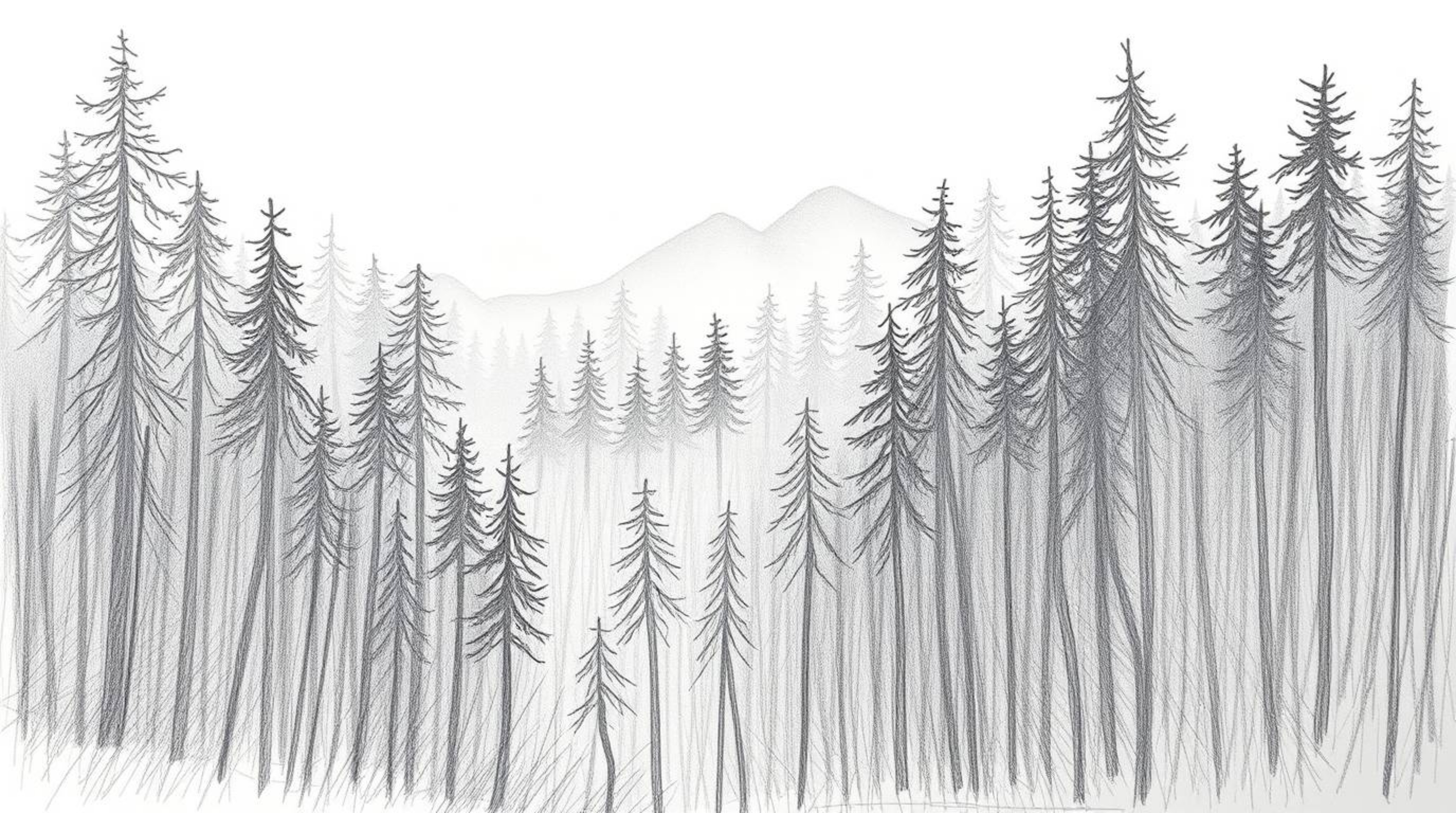 A captivating hand-drawn pencil sketch depicts a dense forest bathed in the warm glow of a sunset.  Thick fog reduces visibil