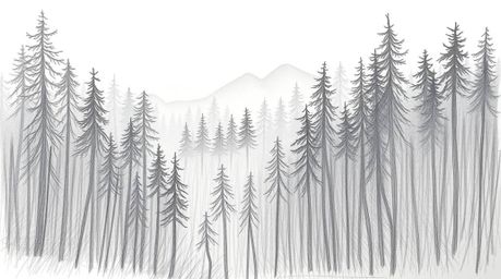 A captivating hand-drawn pencil sketch depicts a dense forest bathed in the warm glow of a sunset.  Thick fog reduces visibil