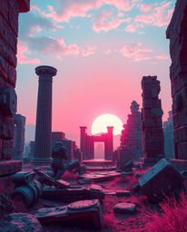 Experience ancient stone ruins at sunset, completely reimagined in a futuristic sci-fi style. This scene is rendered in surre