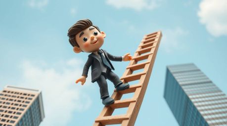 This artwork blends adorable and cute sculptural clay figures with an abstract concept of success. A businessperson diligentl