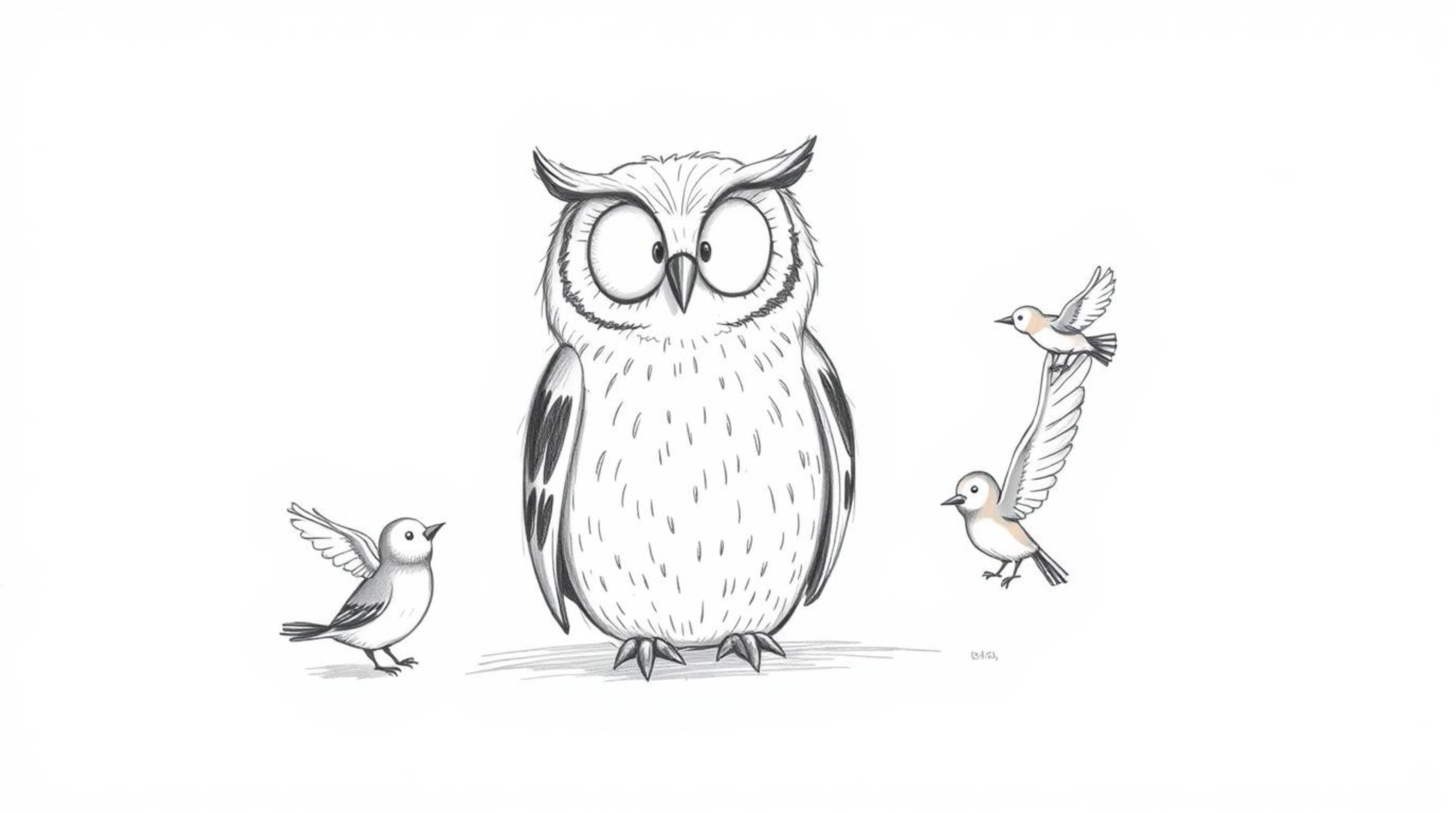 A serene hand-drawn sketch in the style of Pixar depicts a blind owl sitting peacefully while small birds learn to fly around