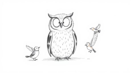 A serene hand-drawn sketch in the style of Pixar depicts a blind owl sitting peacefully while small birds learn to fly around
