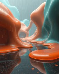 This collection features stunning surreal 3D digital paintings showcasing fluid shapes reminiscent of melted glass in a capti