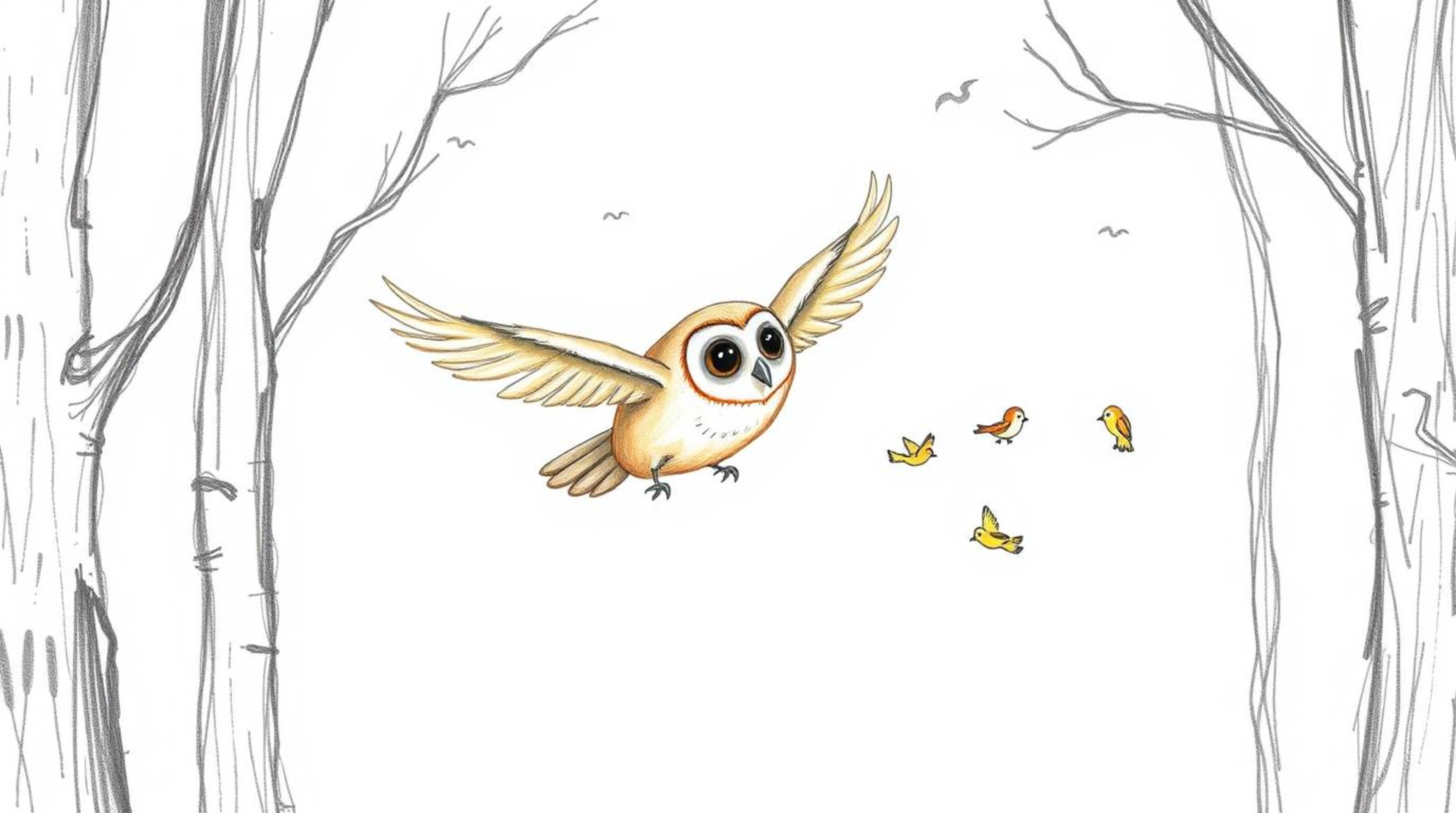 A whimsical hand-drawn sketch in the style of Pixar depicts a blind owl, with soft features and light brown plumage, gliding 