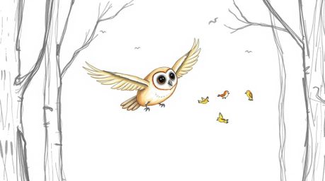 A whimsical hand-drawn sketch in the style of Pixar depicts a blind owl, with soft features and light brown plumage, gliding 