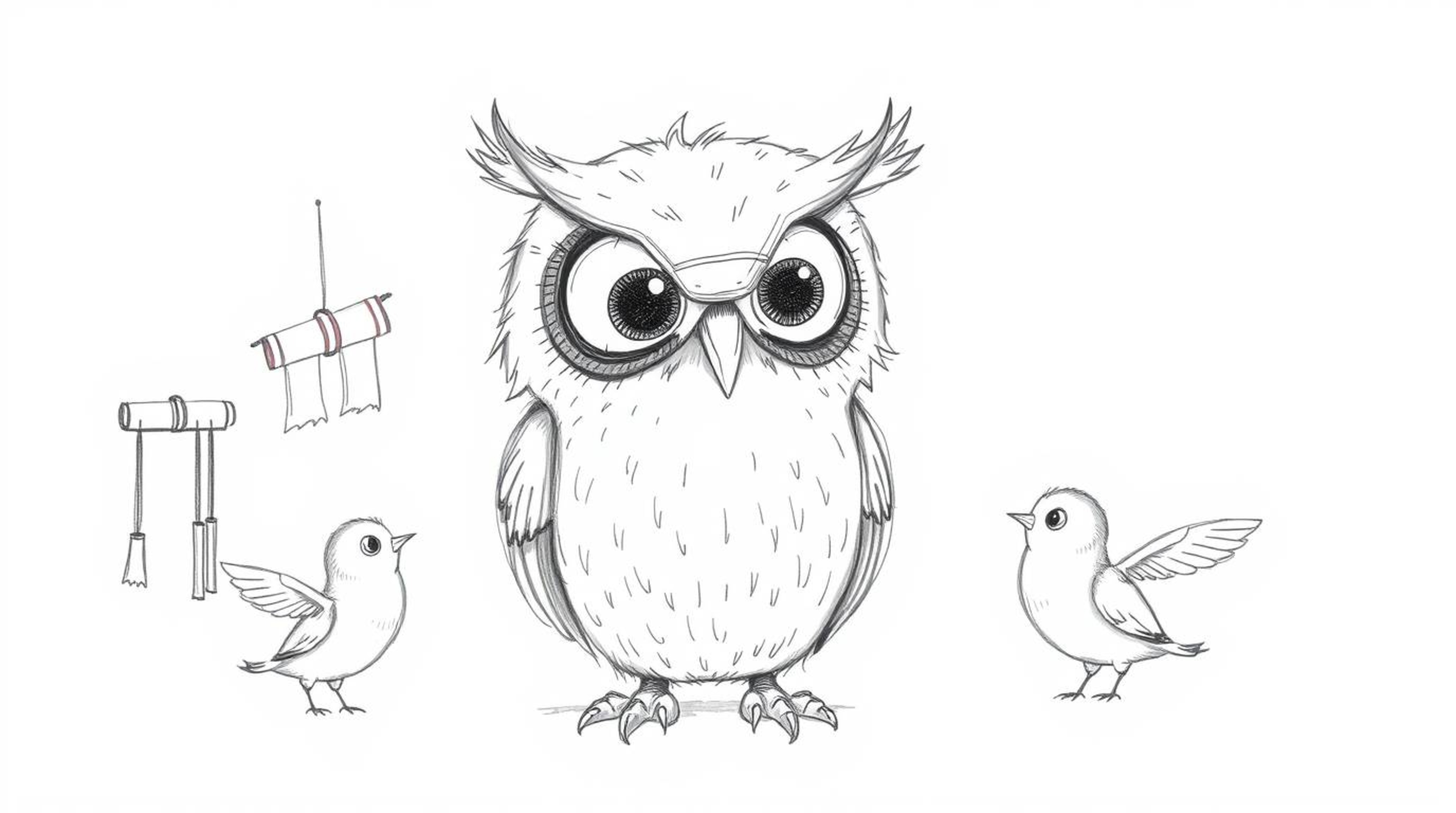 A Pixar-style hand-drawn sketch depicts a blind owl with large, expressive eyes and soft plumage patiently guiding fledgling 
