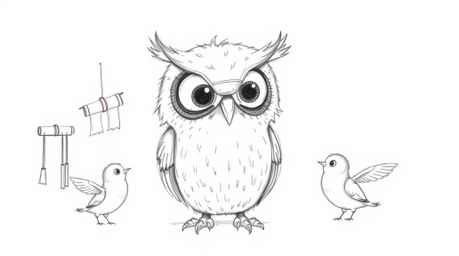 A Pixar-style hand-drawn sketch depicts a blind owl with large, expressive eyes and soft plumage patiently guiding fledgling 