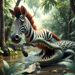 A surreal and dreamlike image of a 3D cartoon zebra gracefully escaping a crocodile in a lush jungle. This bizarre scene feat