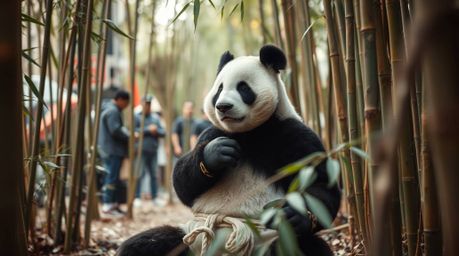 This captivating image series showcases a candid street photography style featuring a martial artist panda meditating amidst 