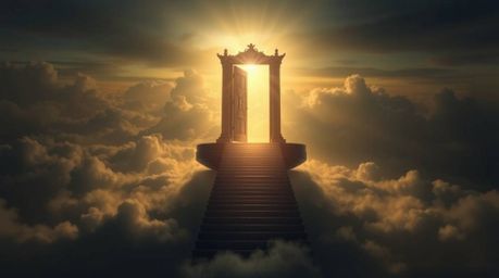 A captivating high-resolution stock photo showcasing a heavenly gate floating above ethereal clouds, with stairs leading upwa