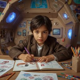 Exquisite high-fashion photography captures a boy with curious brown eyes meticulously building an elaborate cardboard spaces
