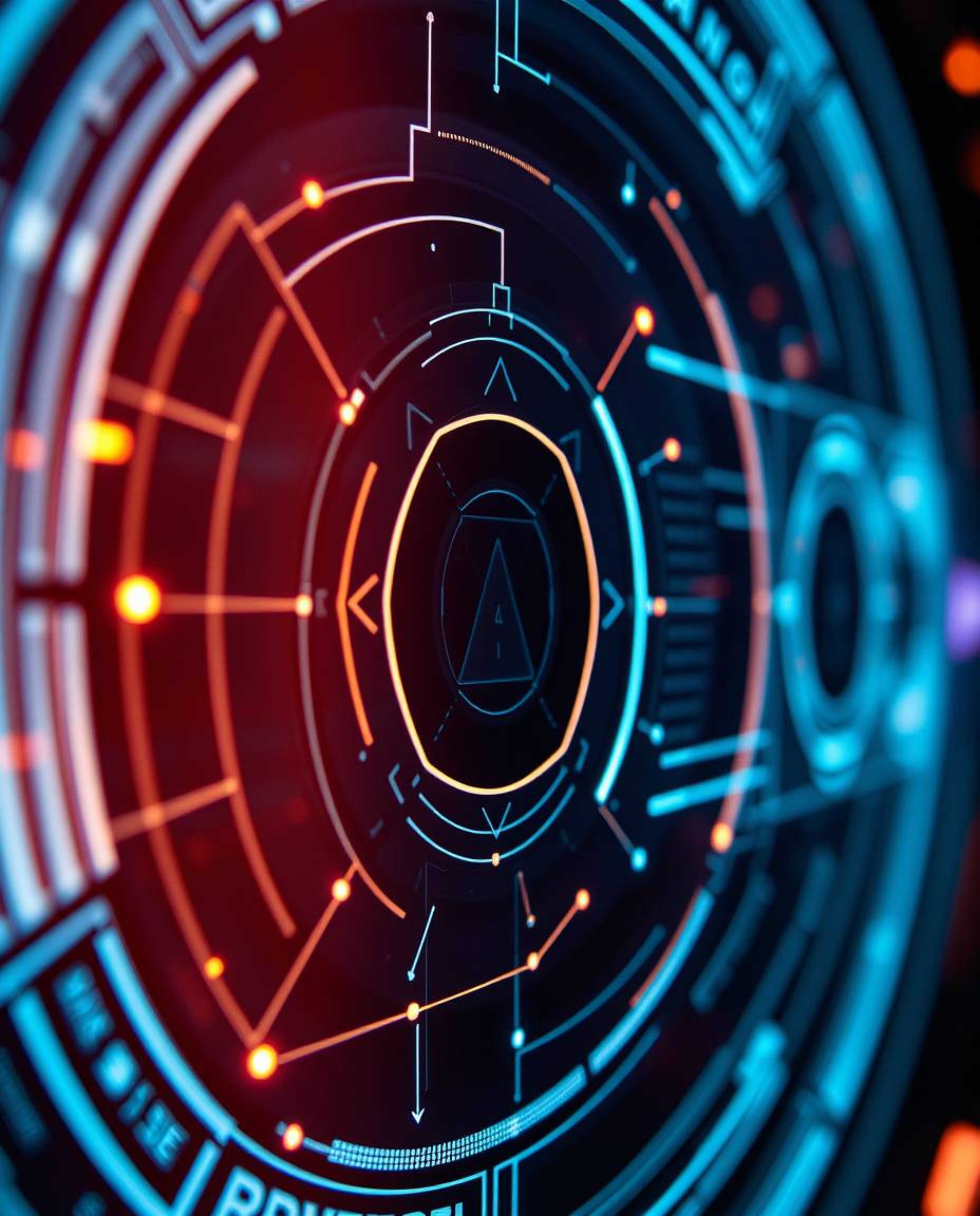 A tight close-up showcasing a futuristic digital interface with intricate geometric patterns and a mesmerizing holographic ef