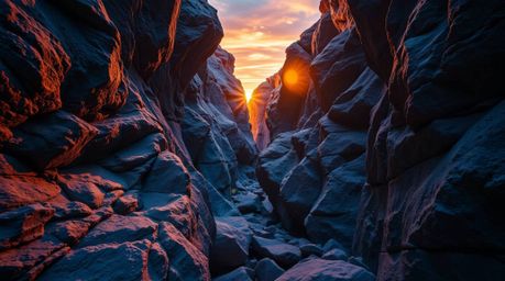 Experience the breathtaking beauty of a rocky canyon bathed in the warm glow of sunset hues. This stunning scene showcases co