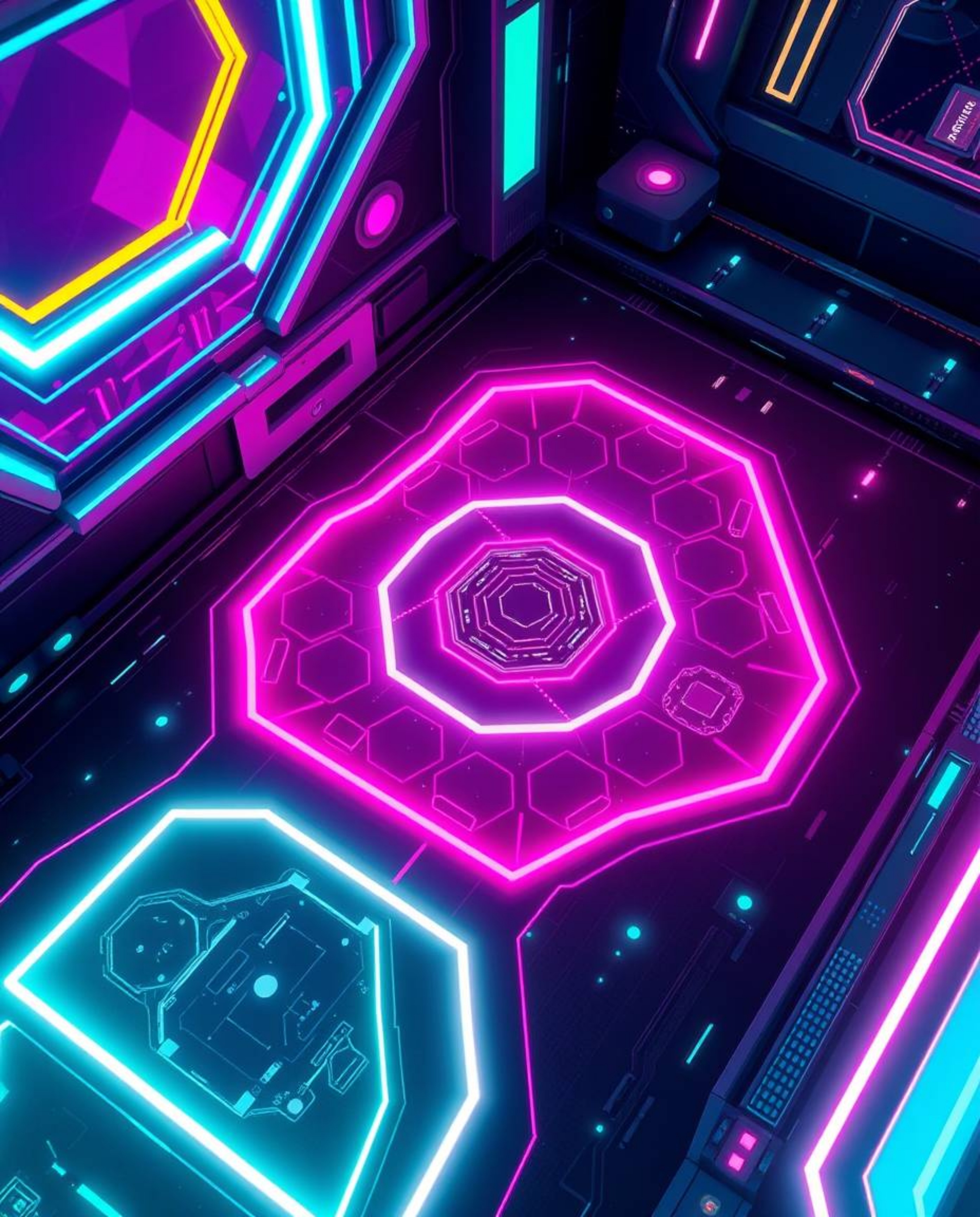 High-angle perspective image in a futuristic sci-fi style showcasing a seamless geometric pattern of hexagons and triangles r