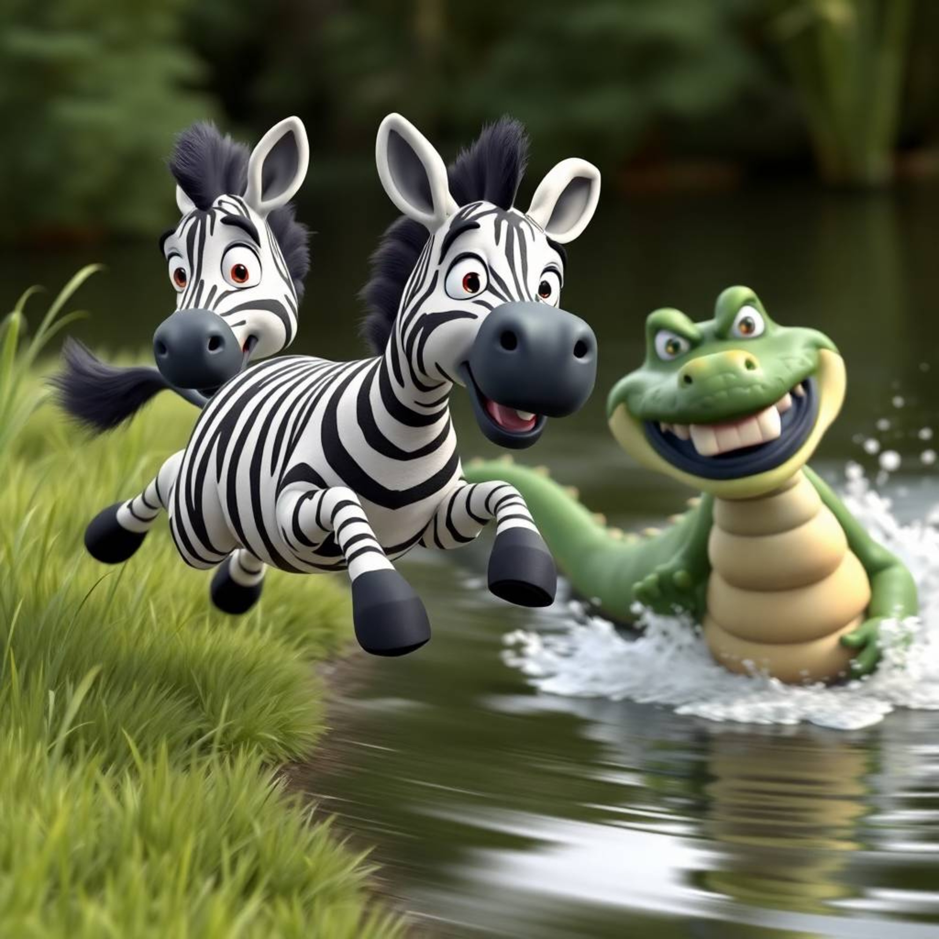 A dynamic black and white 3D cartoon scene in Pixar style. A zebra with expressive eyes and a friendly smile jumps from a gra