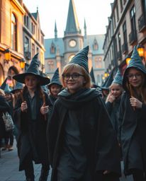 Candid street photography capturing a magical school filled with young wizards, illuminated by epic lens glow lighting, offer