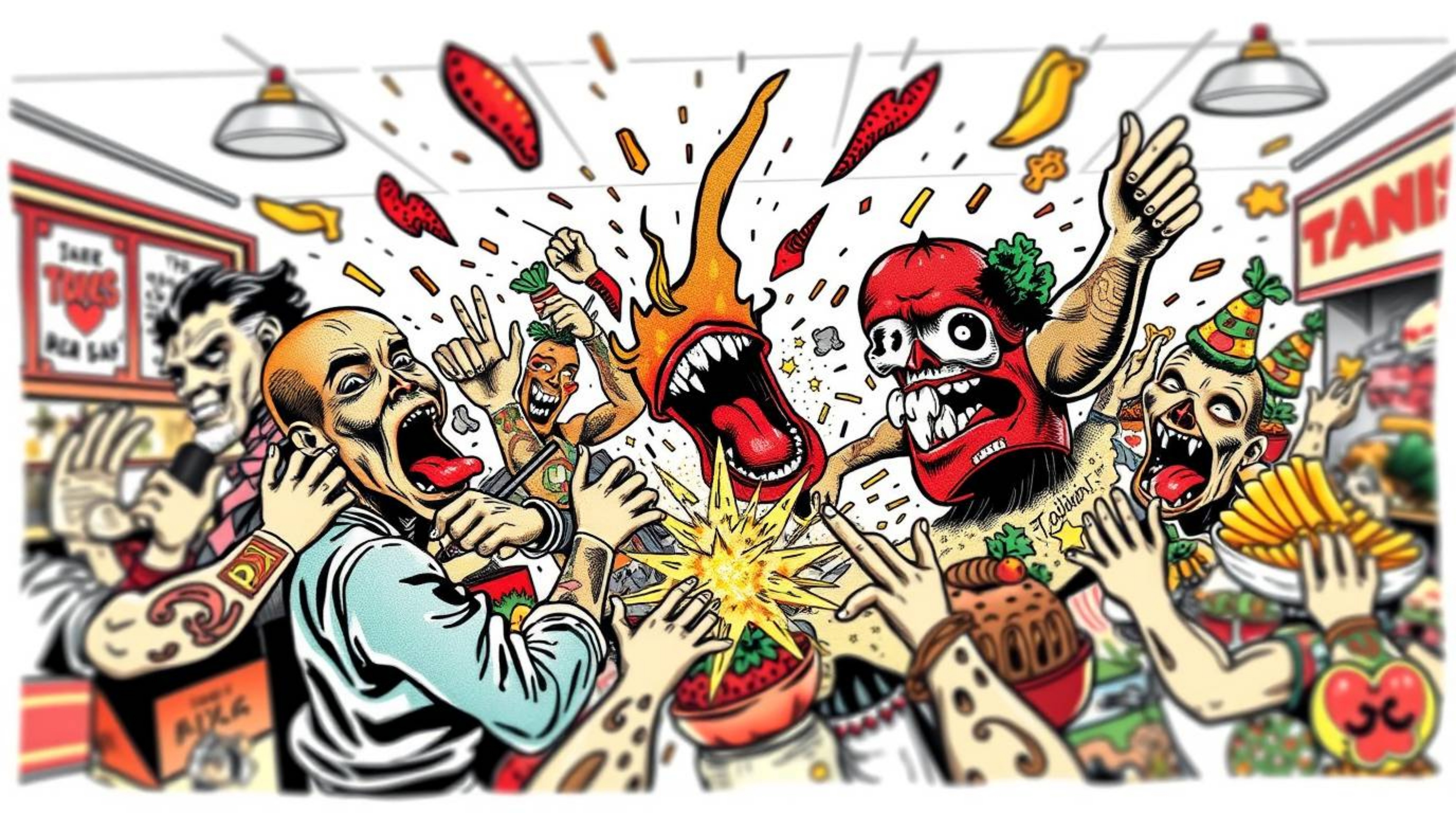 This dynamic tattoo art print depicts a wild food fight in a cartoon cafeteria, rendered with vibrant colors and retro flair.