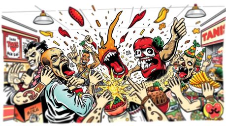 This dynamic tattoo art print depicts a wild food fight in a cartoon cafeteria, rendered with vibrant colors and retro flair.