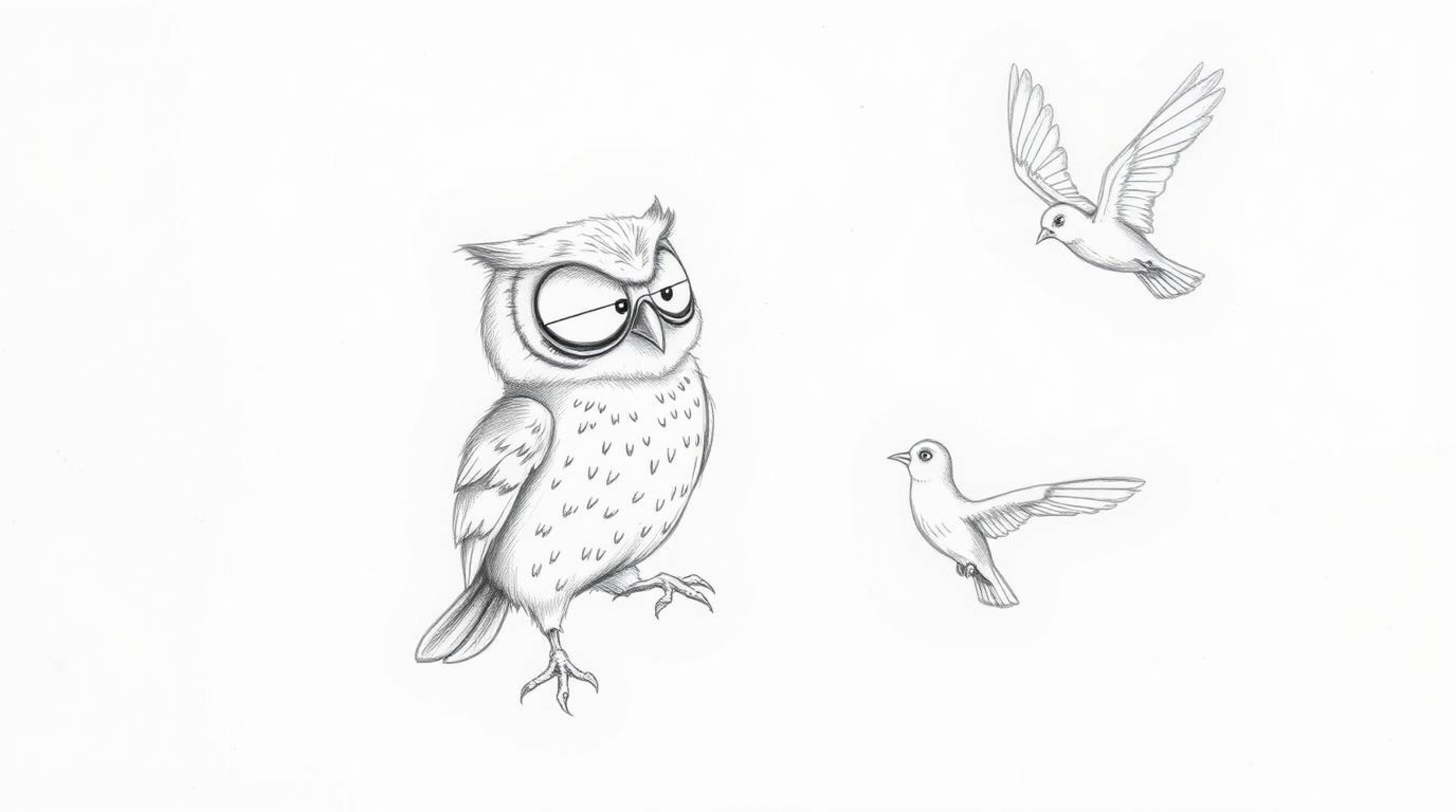 A heartwarming, hand-drawn pencil sketch depicts a blind owl teaching birds to fly in a style reminiscent of Pixar animation.