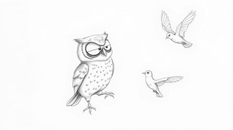 A heartwarming, hand-drawn pencil sketch depicts a blind owl teaching birds to fly in a style reminiscent of Pixar animation.