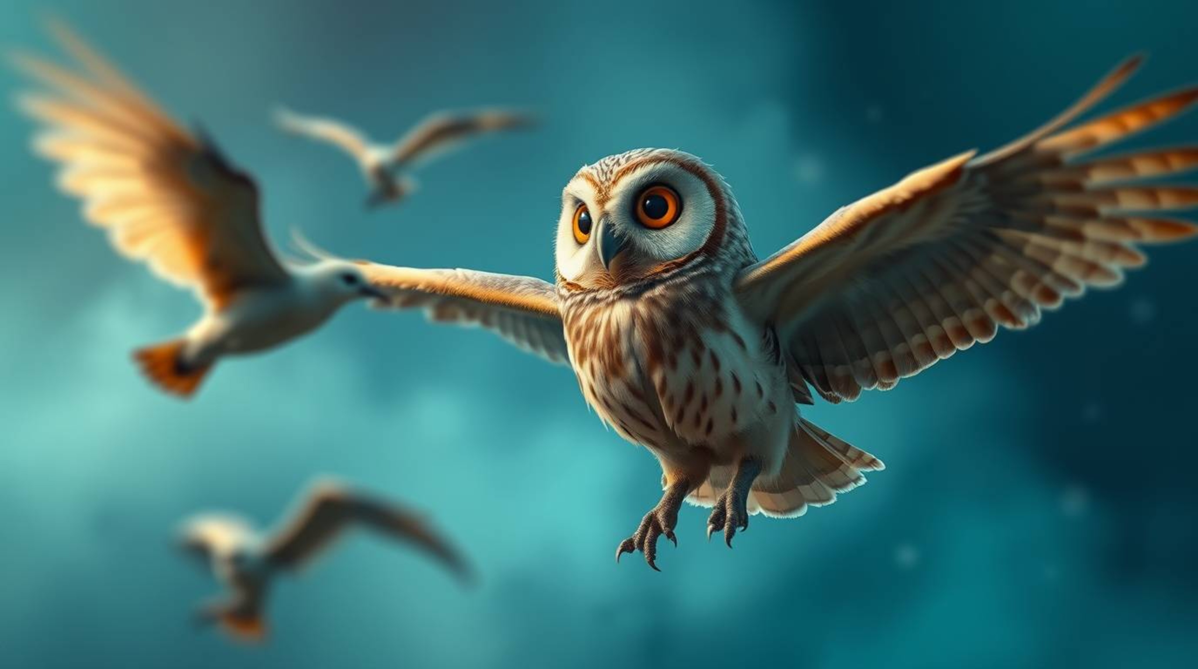 This stunning long exposure photo captures a wise, blind owl with soft brown feathers, rendered in a heartwarming Pixar style