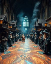 Explore a magical school brimming with young wizards, captured in a dreamlike atmosphere with gentle color contrasts. The cas